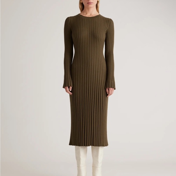Quince Dresses & Skirts - Quince Cotton Cashmere Ribbed Long Sleeve Crew Midi Dress in Olive